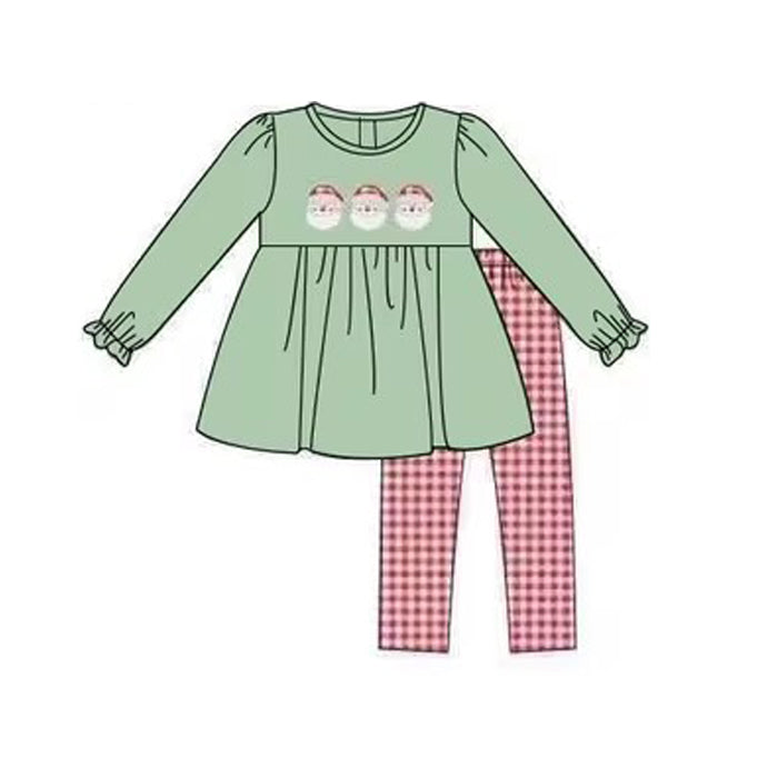 Pre-order Baby Girl Christmas Santa Green Tunic Red Plaid Pants Set