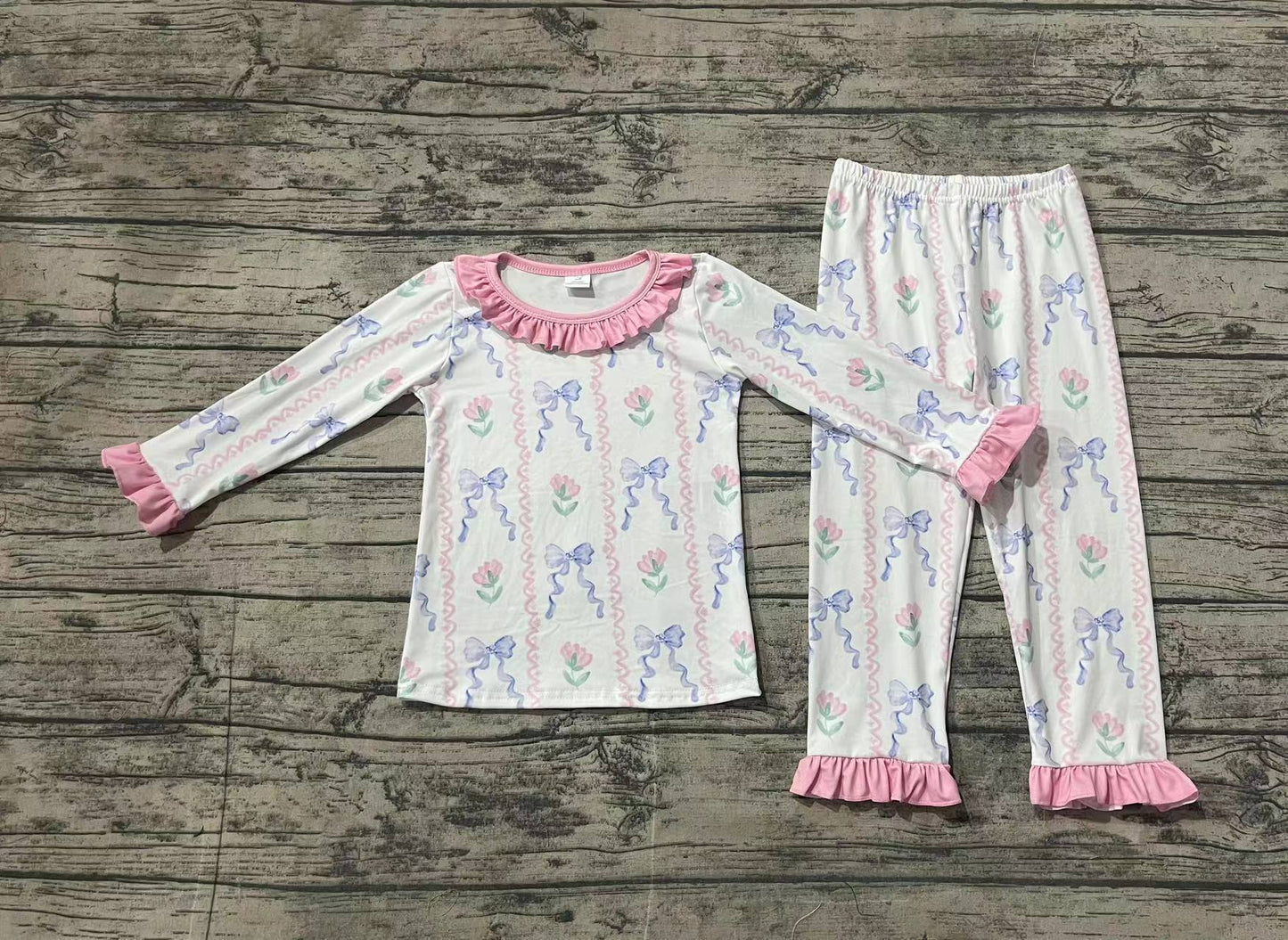 Baby Girl Long Sleeves Bows Flower Ruffle Shirt Pants Pajamas Set