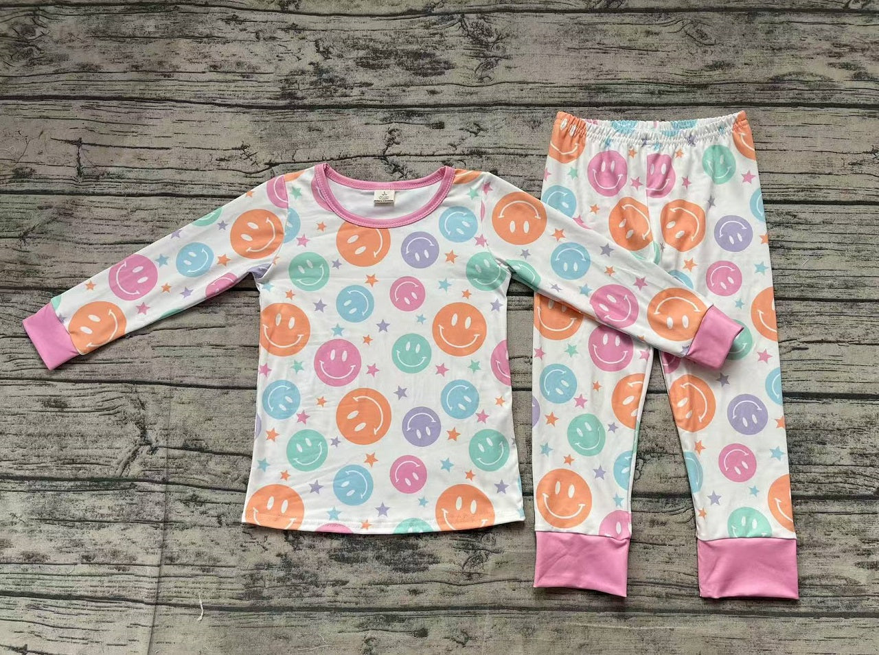 Baby Girl Long Sleeves Colorful Smile Star Shirt Pants Pajamas Bamboo Set