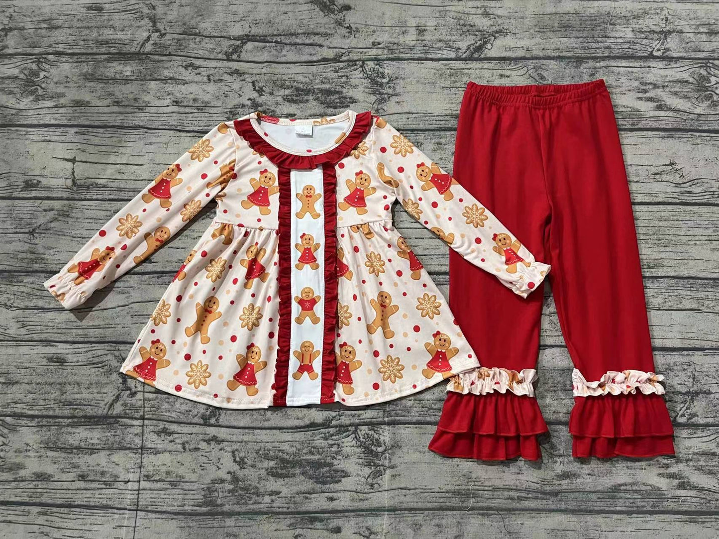 Baby Girl Long Sleeves Christmas Gingerbread Ruffle Tops Red Pants Set