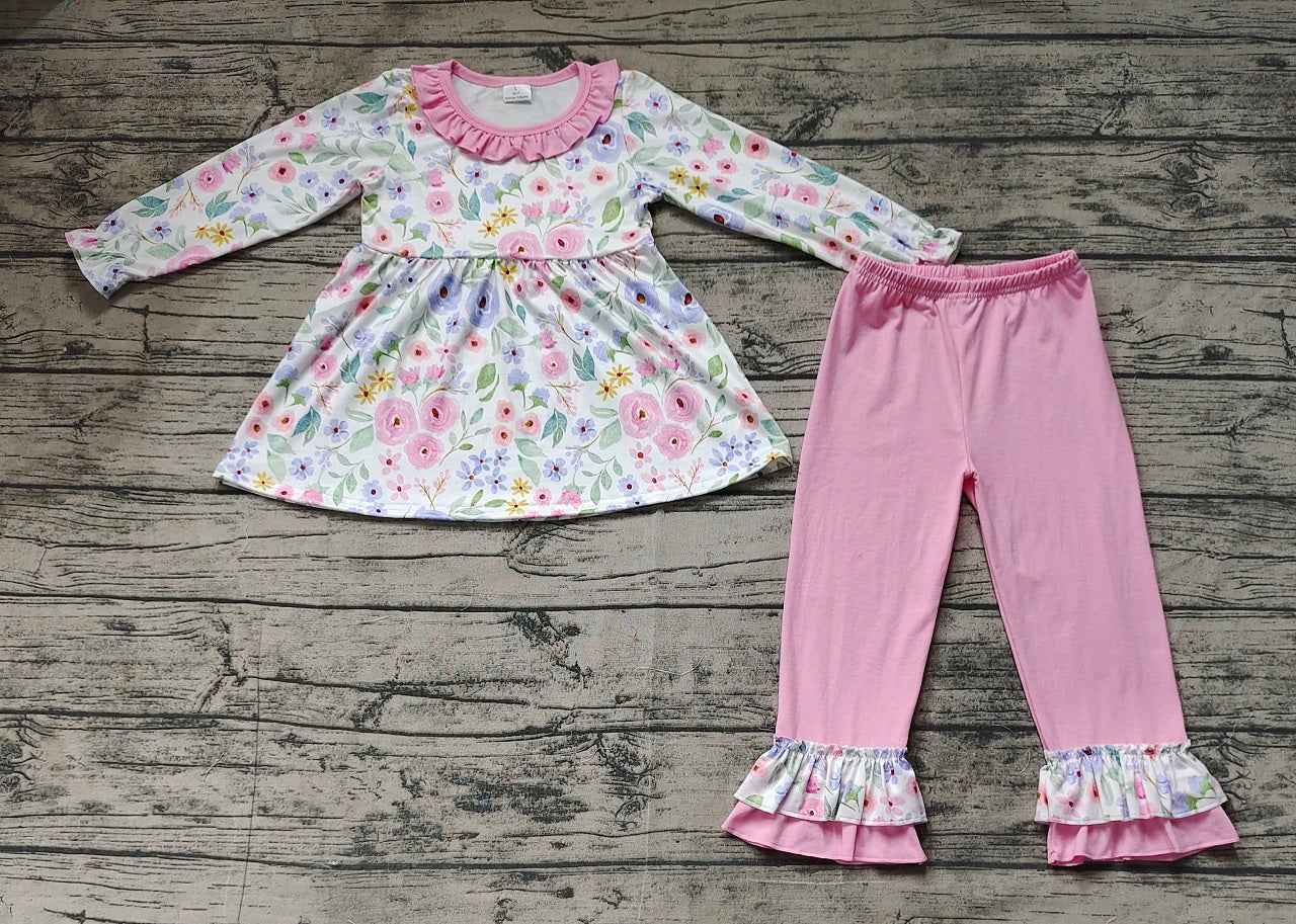 Baby Girl Long Sleeves Flower Tunic Pink Ruffle Pants Set