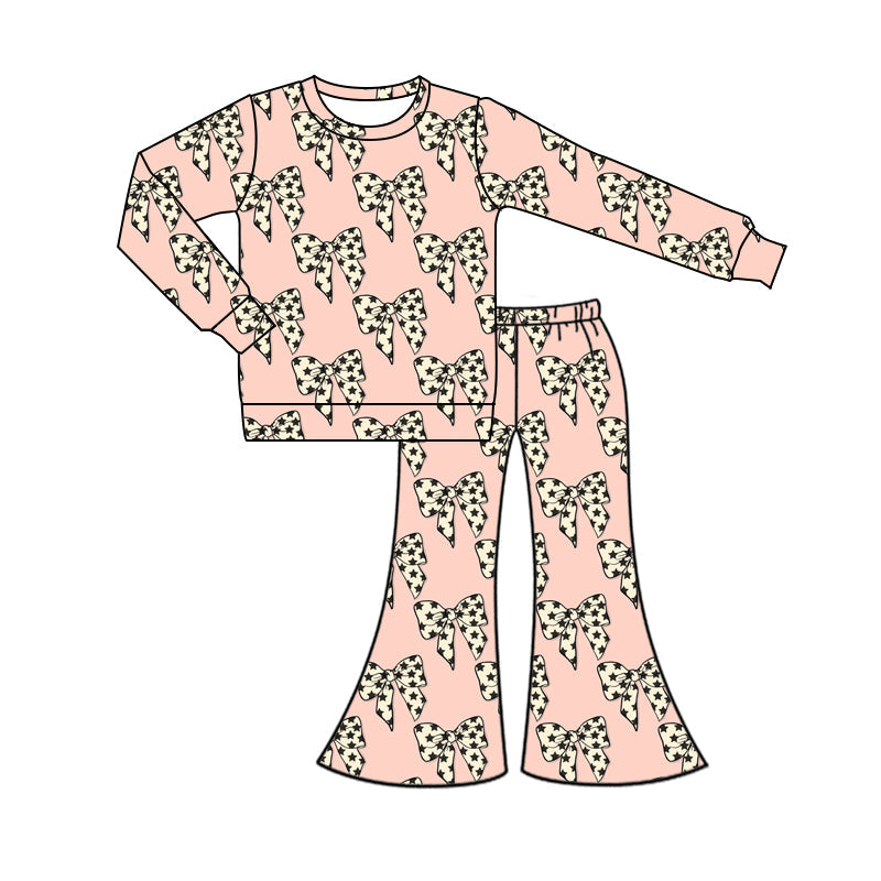 Pre-order Baby Girl Leopard Bows Shirt Bell Pants Pink Set