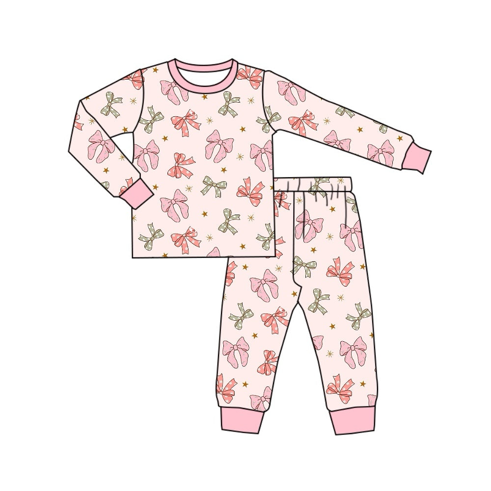 Pre-order Baby Girl Christmas Pink Bows Shirt Pants Pajamas Set