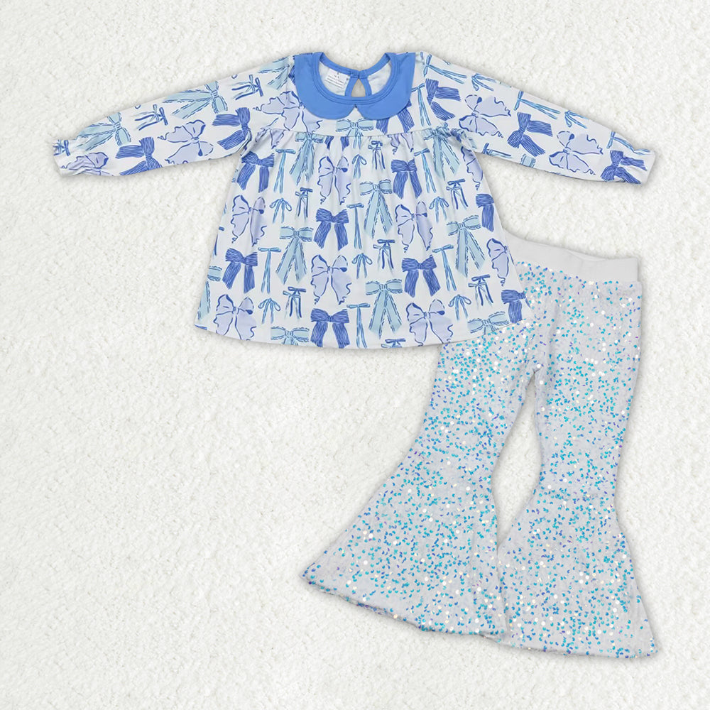 Sibling Baby Girls Long Sleeves Bows Tops Sequins Bell Pants Sets Clothes RTS