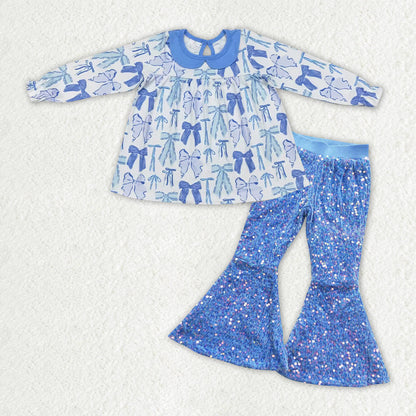 Sibling Baby Girls Long Sleeves Bows Tops Sequins Bell Pants Sets Clothes RTS