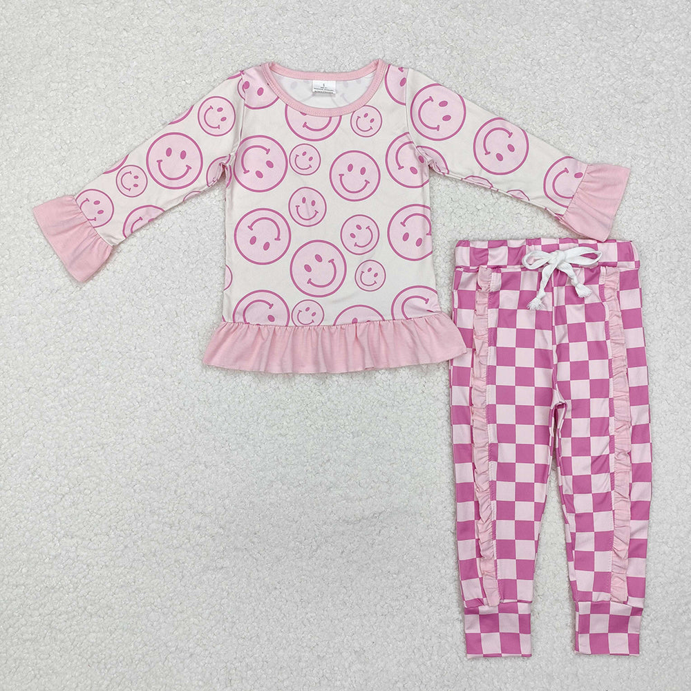 Baby Boy Girl Long Sleeves Smile Shirt Checkered Pants Sibling Clothes Set