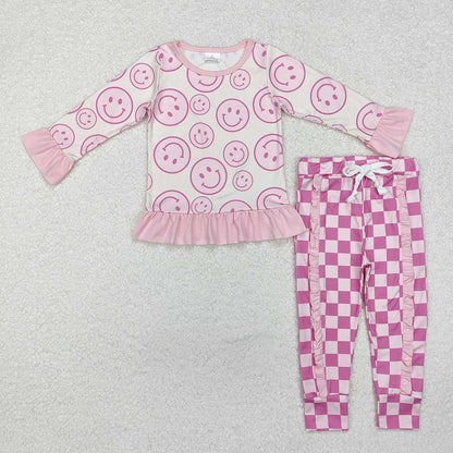 Baby Boy Girl Long Sleeves Smile Shirt Checkered Pants Sibling Clothes Set