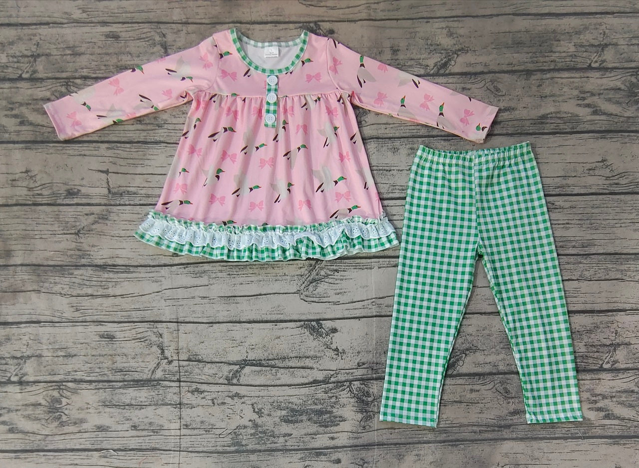 Baby Girl Long Sleeves Ducks Pink Bows Tunic Green Plaid Pants Set