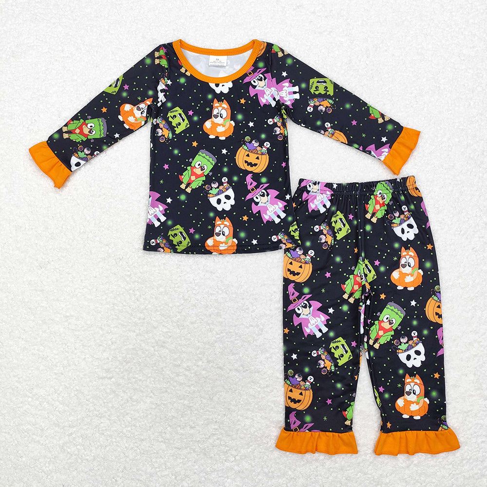 Baby Boy Girl Long Sleeves Halloween Dog Pumpkin Sibling Romper Pajamas Set