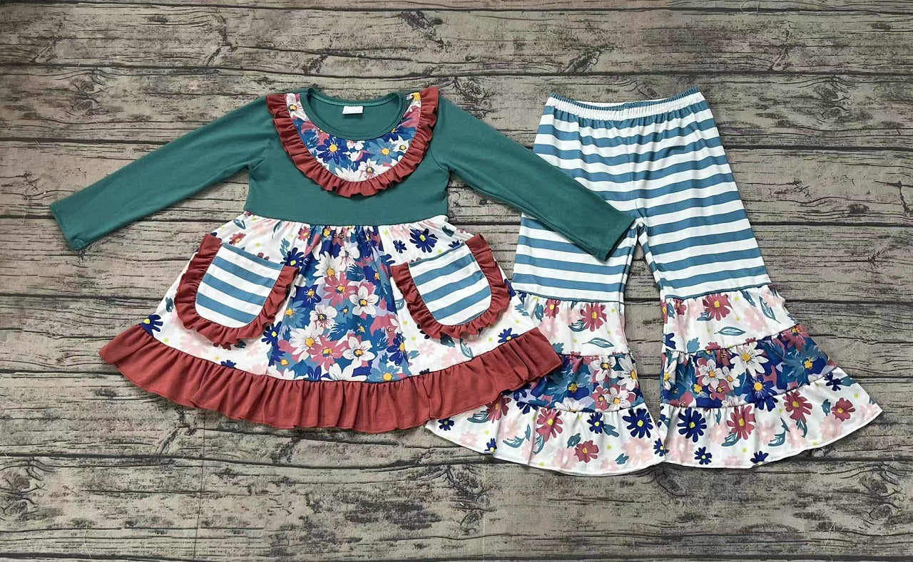 Baby Girl Long Sleeves Flower Pocket Tunic Stripes Bell Pants Set