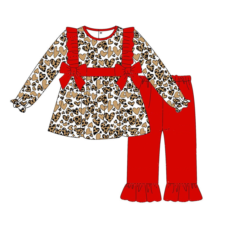 Pre-order Baby Girl Leopard Heart Bow Tunic Red Pants Set