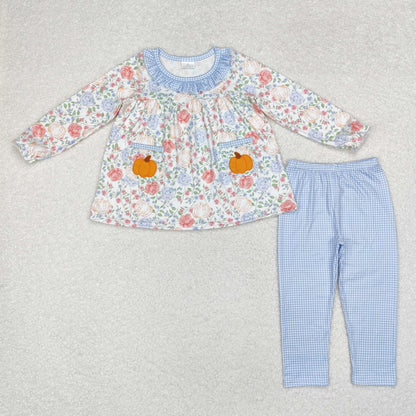 Sibling Baby Girls Long Sleeves Flowers Pumpkins Tunic Pants Fall Clothes Sets RTS