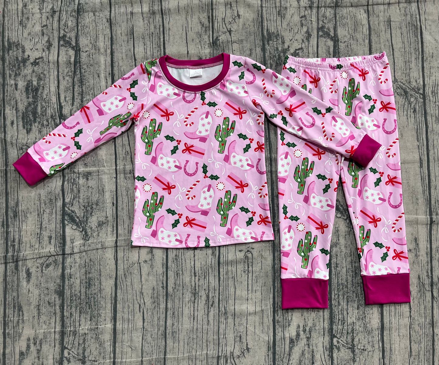 Baby Girl Long Sleeves Christmas Western Boots Cactus Pajamas Clothes Set RTS