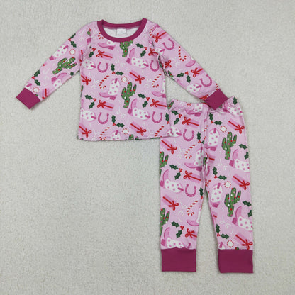 Sibling Baby Girls Long Sleeves Christmas Western Boots Cactus Zipper Romper Pajamas Set RTS