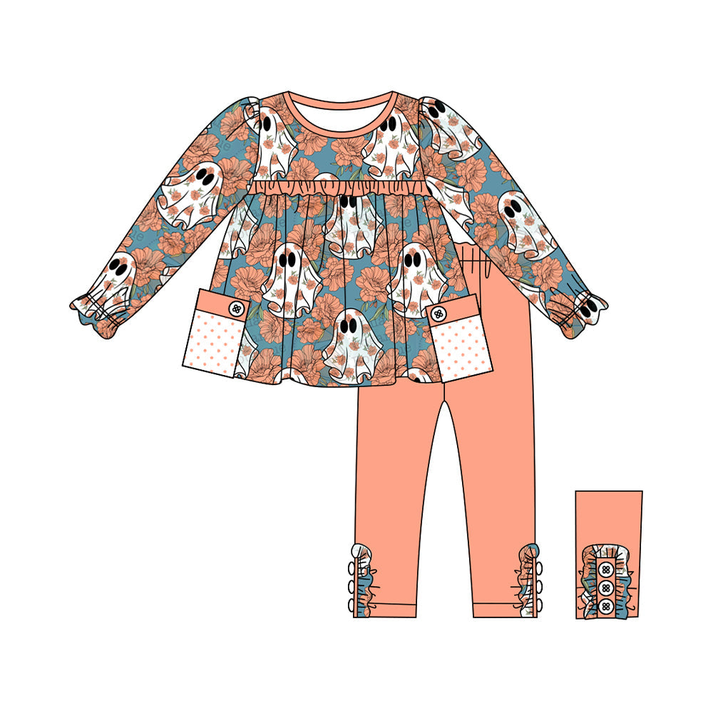 Pre-order Baby Girl Halloween Ghost Flower Tops Pants Set