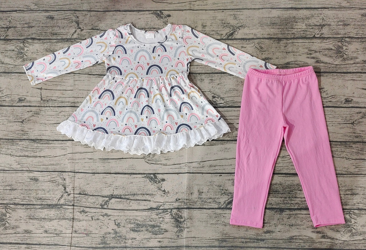 Baby Girl Long Sleeves Rainbow Hearts Tunic Pink Cotton Pants Valentine Set