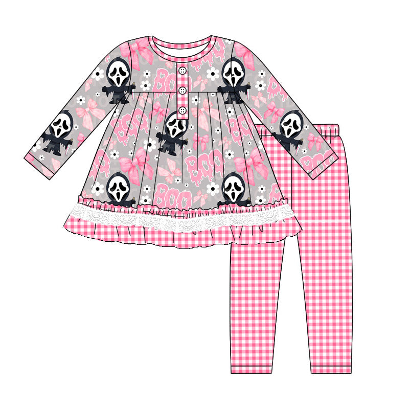 Pre-order Baby Girl Halloween Boo Bows Flower Tunic Pink Pants Set