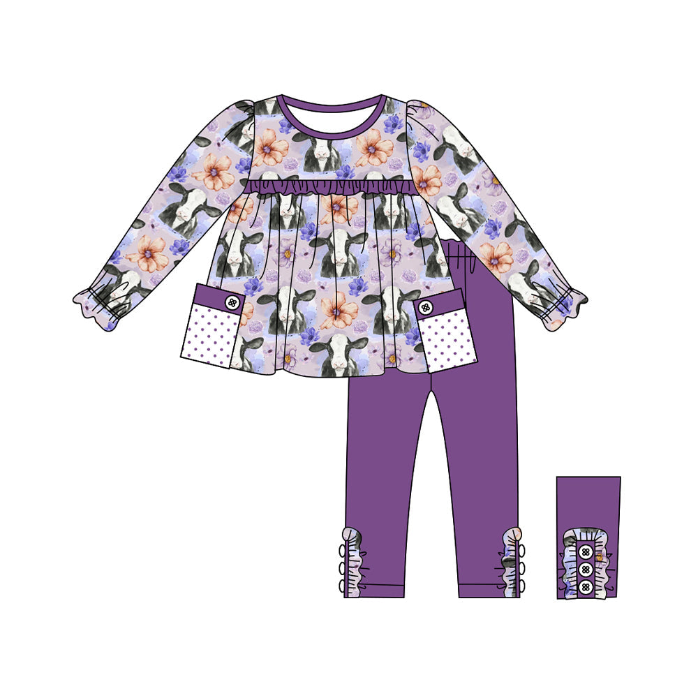 Pre-order Baby Girl Flower Cows Tunic Purple Pants Western Set