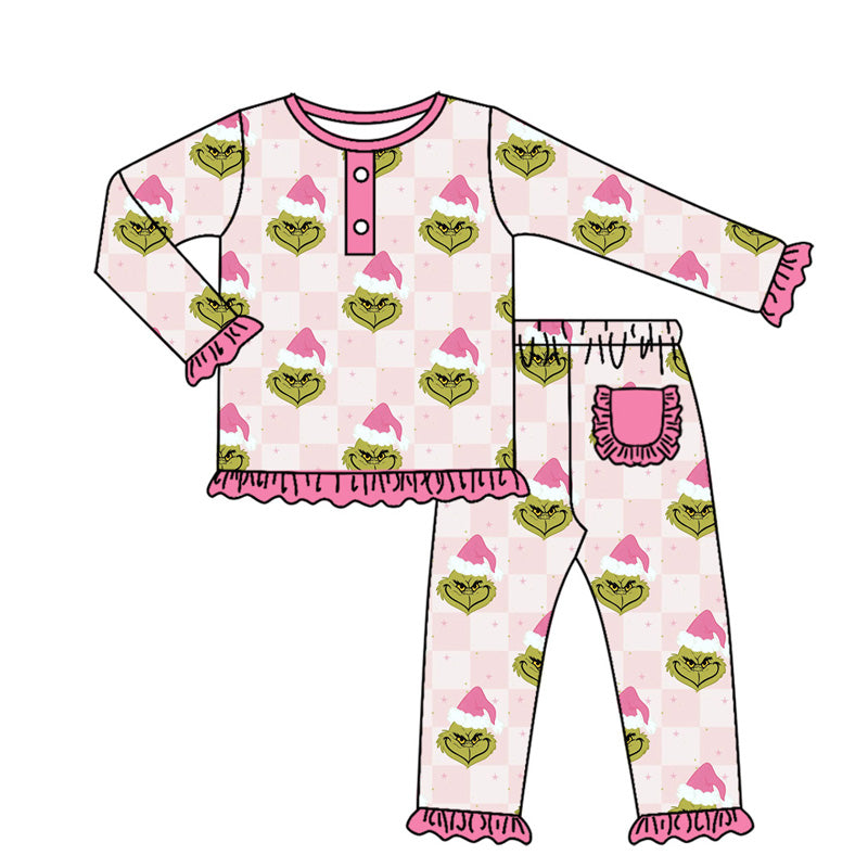 Pre-order Baby Girl Christmas Green Frog Shirt Pants Pajamas Pink Set