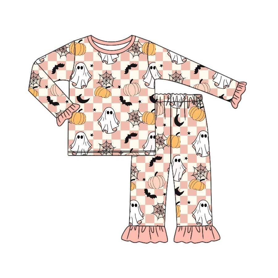 Pre-order Baby Girl Ghost Pumpkin Plaid Shirt Pants Halloween Pajamas Clothes Set