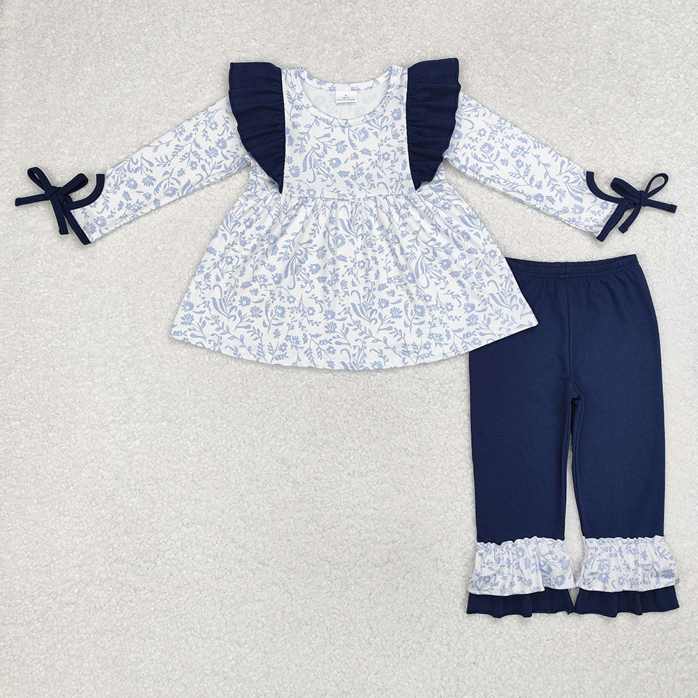 Baby Boy Girl Long Sleeves Flower Sibling Blue Romper Dress Clothes Set