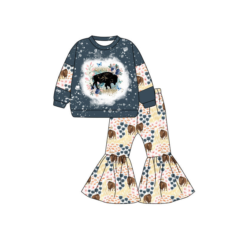 Pre-order Baby Girl Cow Western Butterfly Shirt Bell Pants Clothes Set