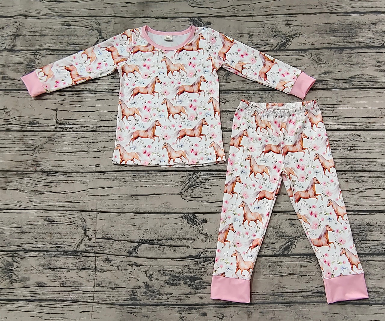 Baby Girl Long Sleeves Western Horse Shirt Pants Pajamas Clothes Bamboo Set