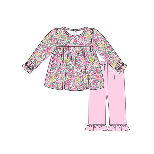 Pre-order Baby Girl Flower Tunic Ruffle Pink Pants Clothes Set