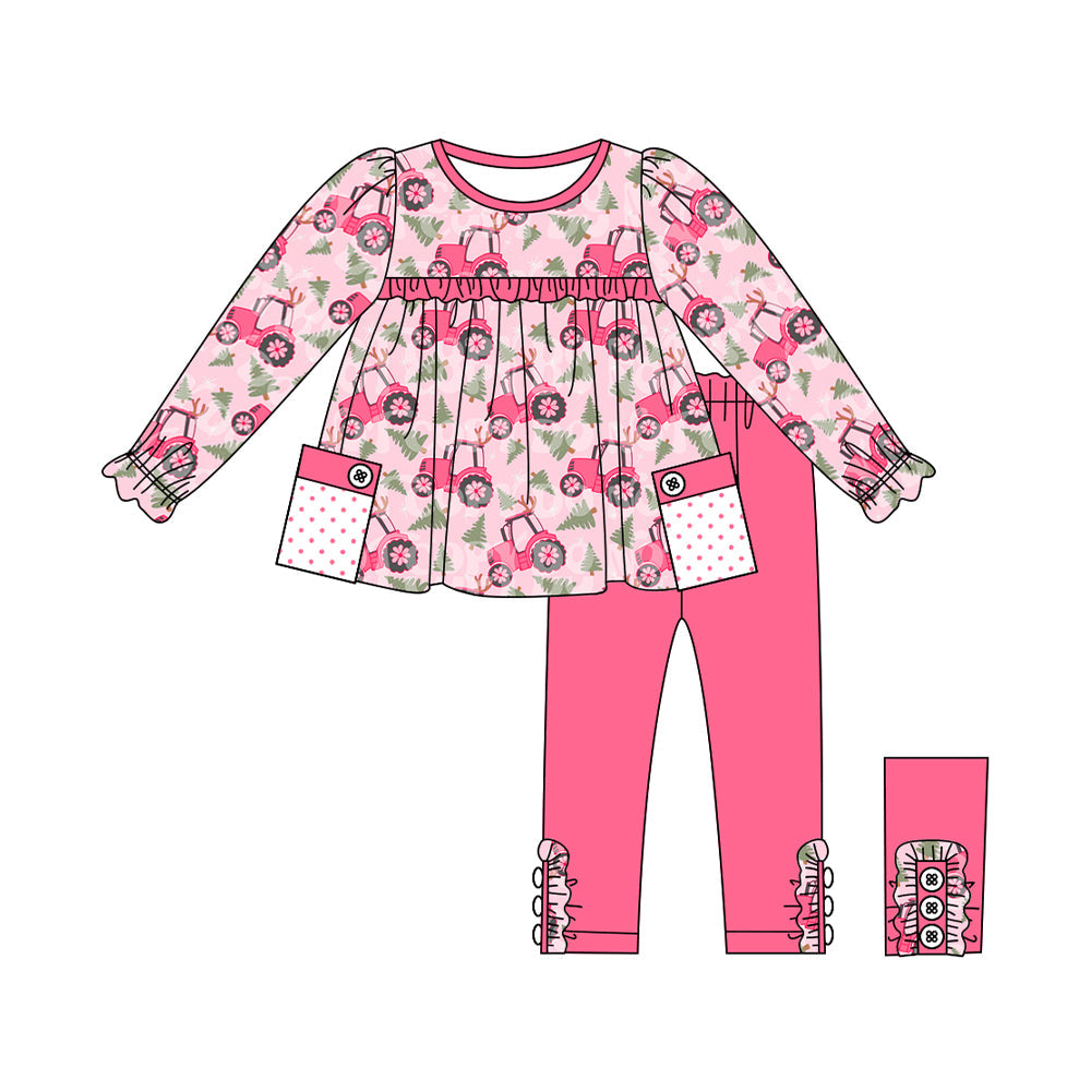 Pre -order Baby Girl Christmas Tree Trucks Tunic Pink Pants Clothes Set