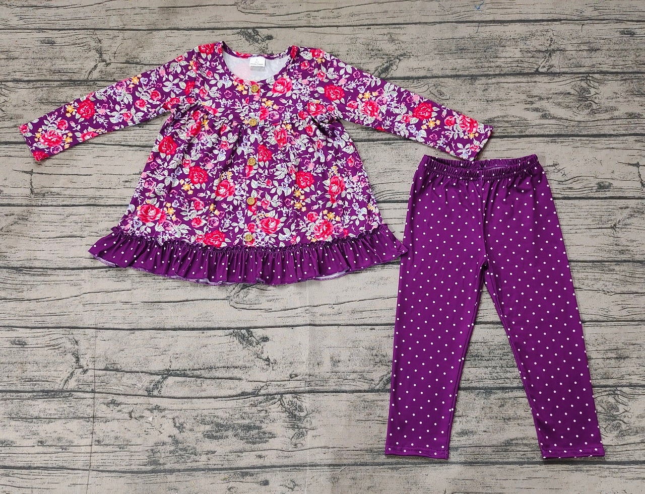 Baby Girl Long Sleeves Flower Pocket Tunic Purple Legging Outfit Clothes Set