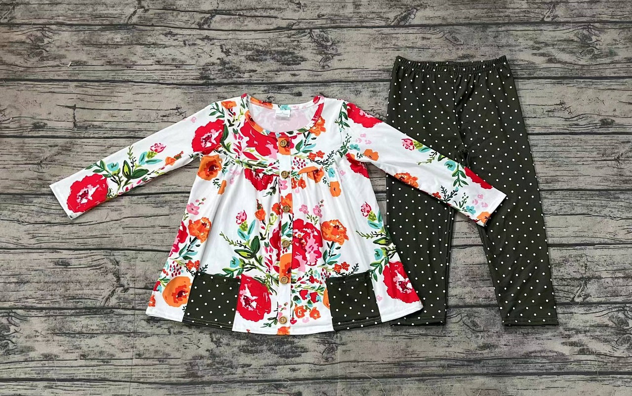 Baby Girl Long Sleeves Flower Pocket Tunic Green Legging Outfit Clothes Set