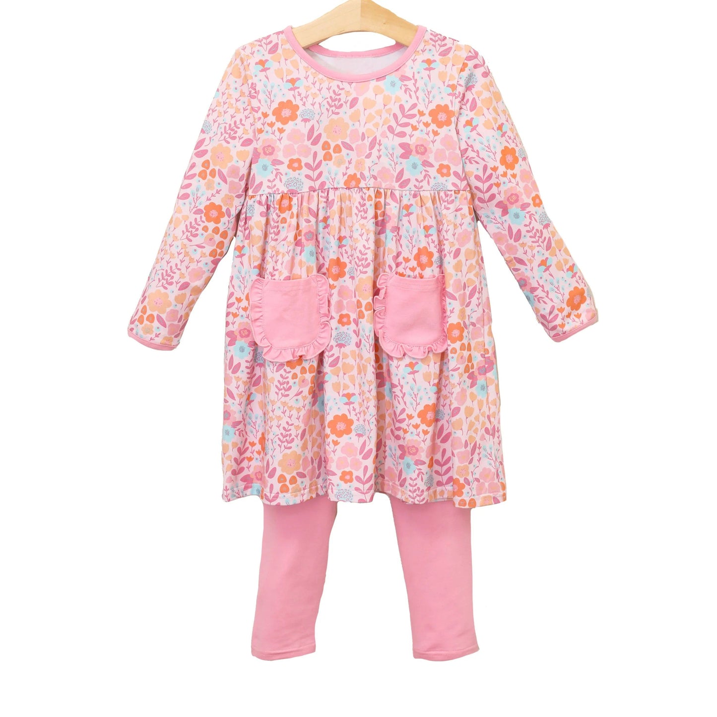 Pre-order Baby Girl Floral Pocket Tunic Pink Legging Outfit Clothes Set