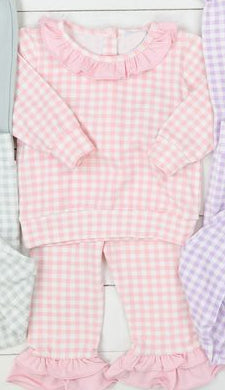 Pre-order Baby Girl Pink Checkered Ruffle Shirt Pants Pajamas Outfit Clothes Set