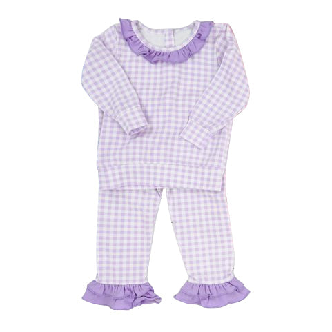 Pre-order Baby Girl Purple Checkered Ruffle Shirt Pants Pajamas Outfit Clothes Set
