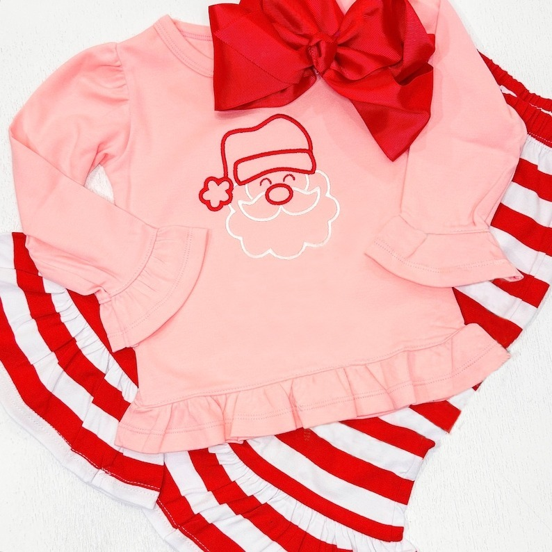Pre-order Baby Girl Christmas Santa Pink Tops Stripes Pants Outfit Set