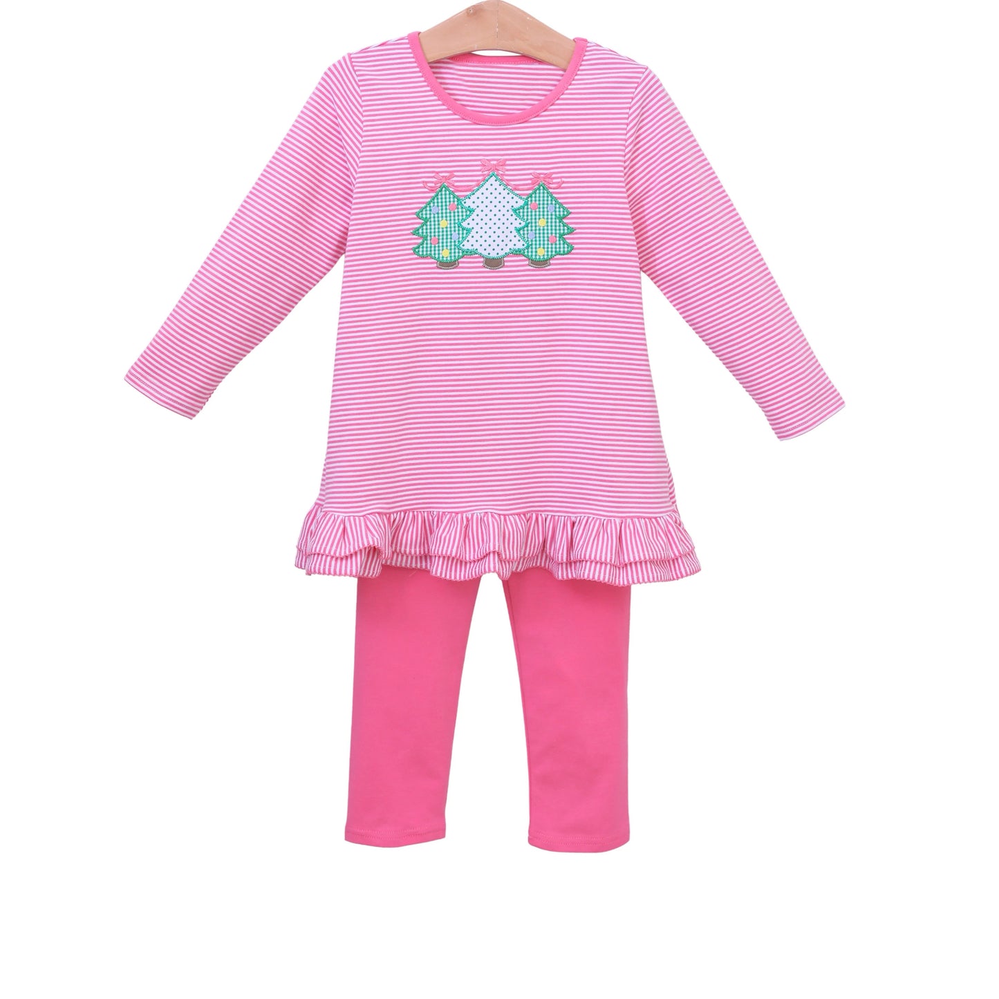 Pre-order Baby Girl Christmas Tree Pink Stripes Top Pants Outfit Clothes Set
