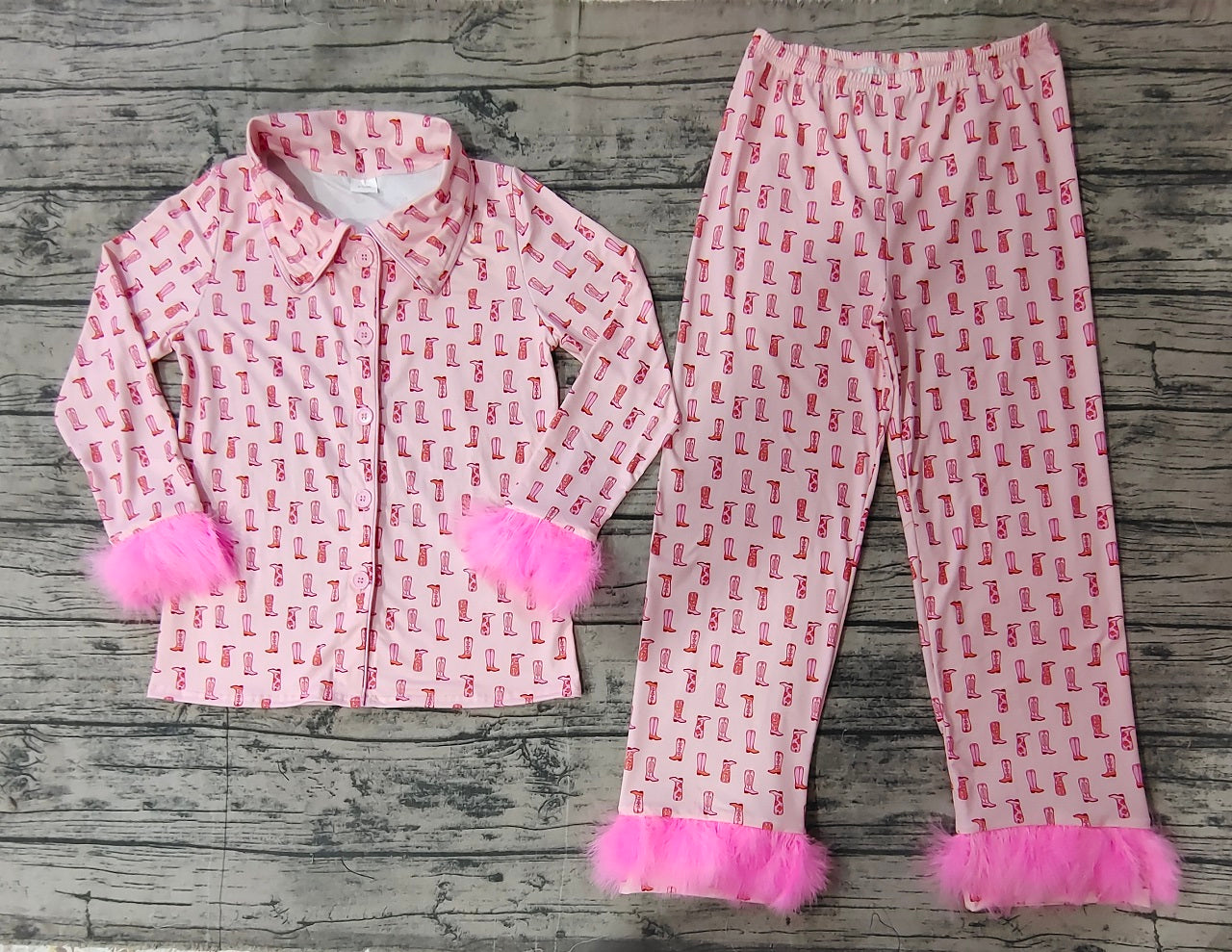 Adult Women Western Boots Buttons Tops Pants Pink Pajamas Set