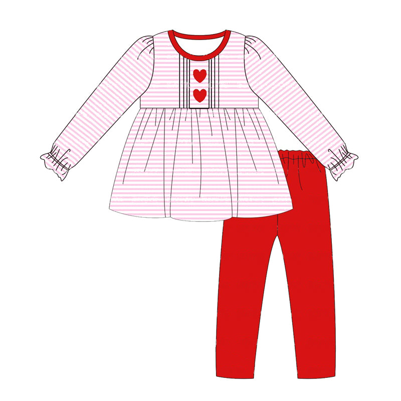 Pre-order Baby Girl Pink Stripes Heart Tunic Red Legging Clothes Set