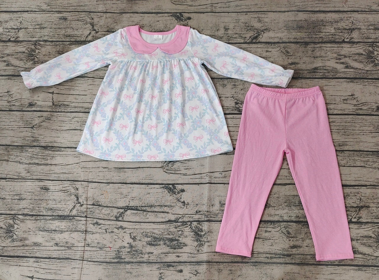 Baby Girl Long Sleeves Flower Bows Tunic Pink Cotton Legging Clothes Set