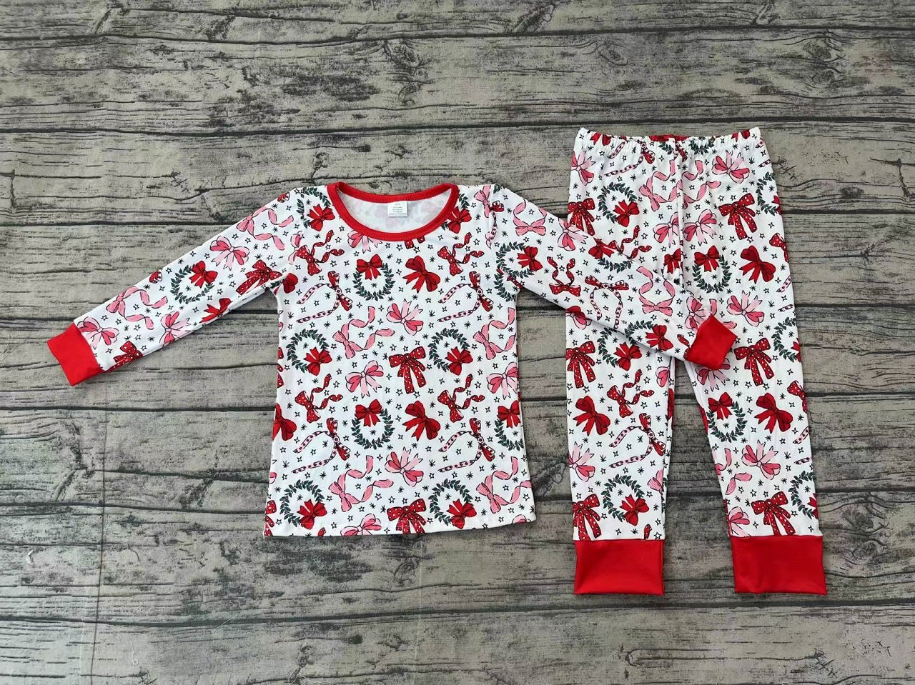 Baby Girl Christmas Bows Shirt Pants Pajamas Clothes Bamboo Set