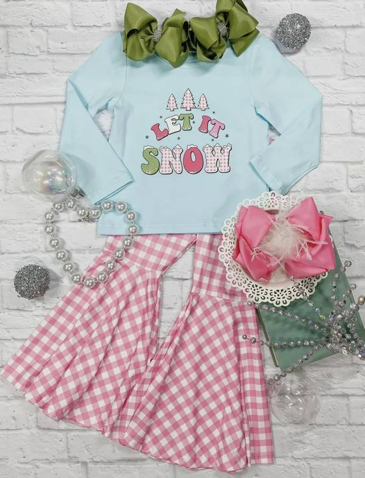 Pre-order Baby Girl Snow Blue Shirt Checkered Bell Pants Clothes Set