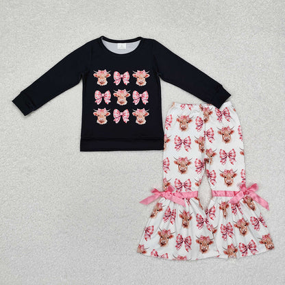 Baby Girl Long Sleeves Cow Bows Sibling Romper Clothes Set