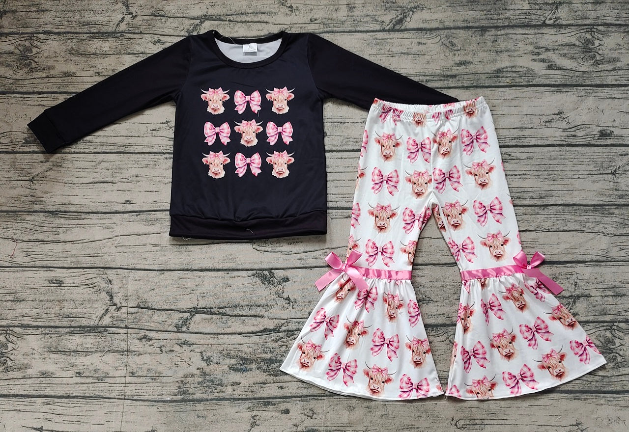 Baby Girl Long Sleeves Cow Bows Black Shirt Bell Pants Clothes Set