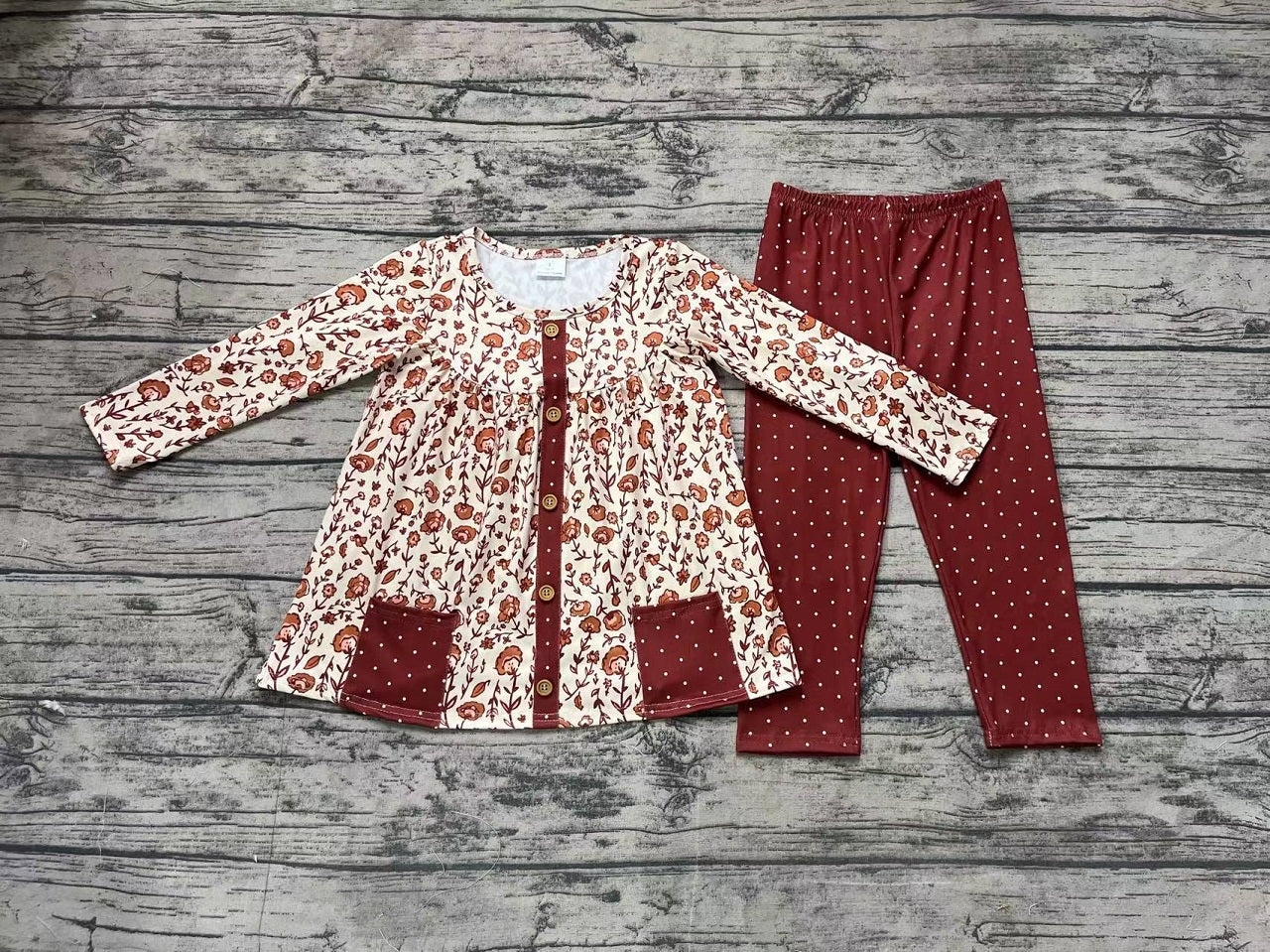 Baby Girl Long Sleeves  Brown Flower Tunic Pants Clothes Set