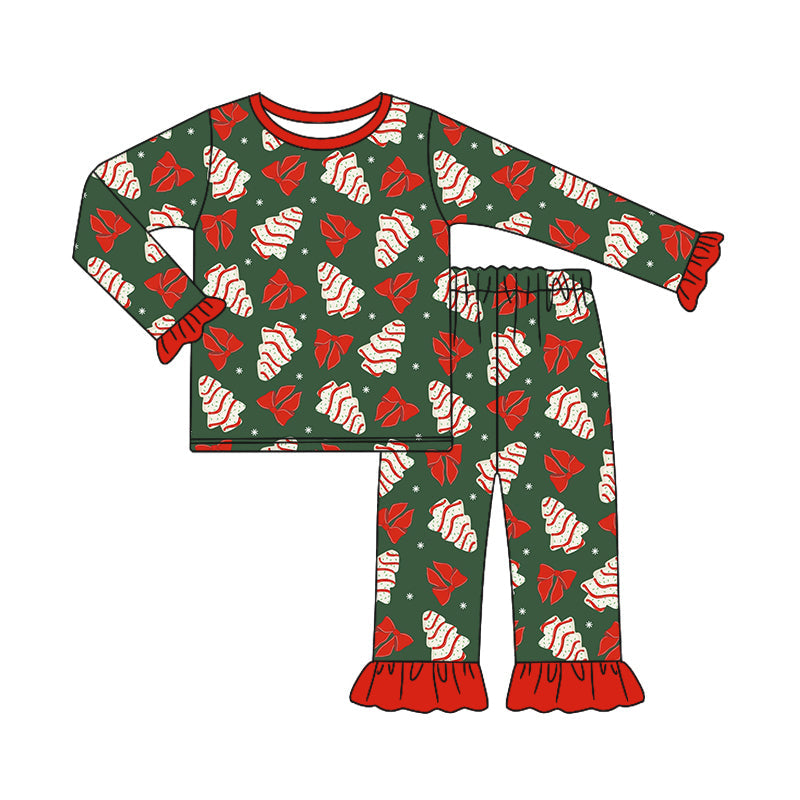 Pre-order Baby Girl Christmas Tree Cake Bows Shirt Pants Pajamas Clothes Set