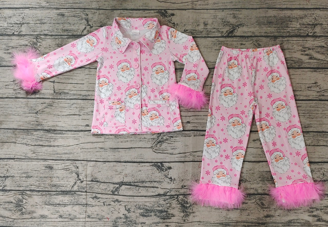 Baby Girl Christmas Fur Long Sleeves Buttons Shirt Pants Pajamas Santa Pink Set