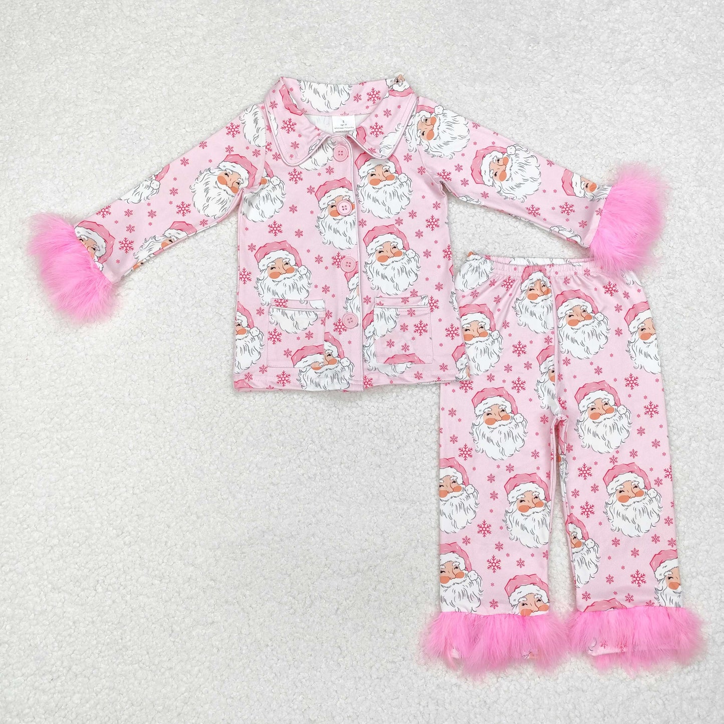 Girls Kids Fur Long Sleeves Bows Santa Buttons Shirt Pants Christmas Set Sibling Pajamas Clothes RTS