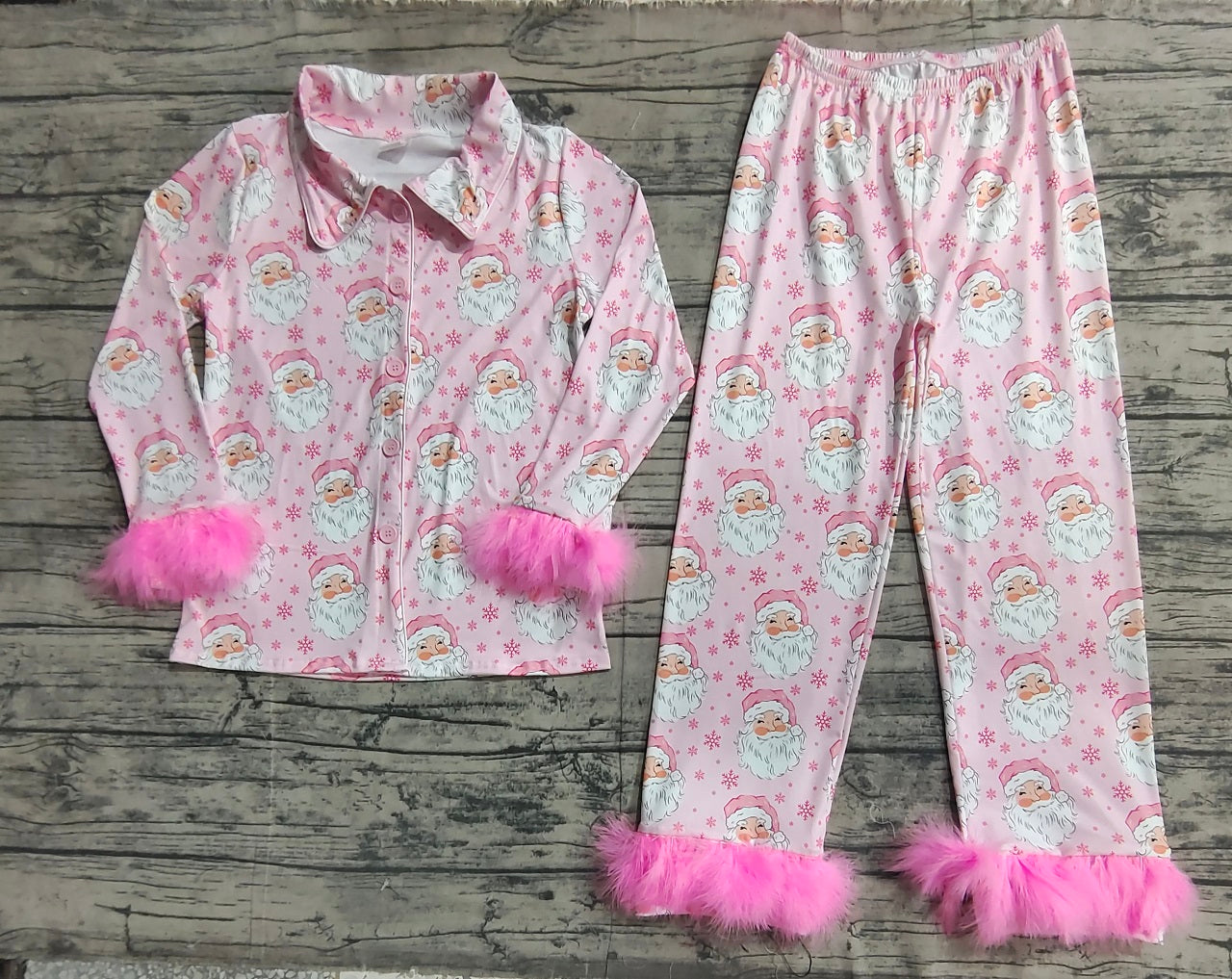 Adult Women Christmas Santa Shirt Pants Pink Set Pajamas