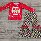 Baby Girl Christmas Red Shirt Green Face Checkered Bell Pants Clothes Set