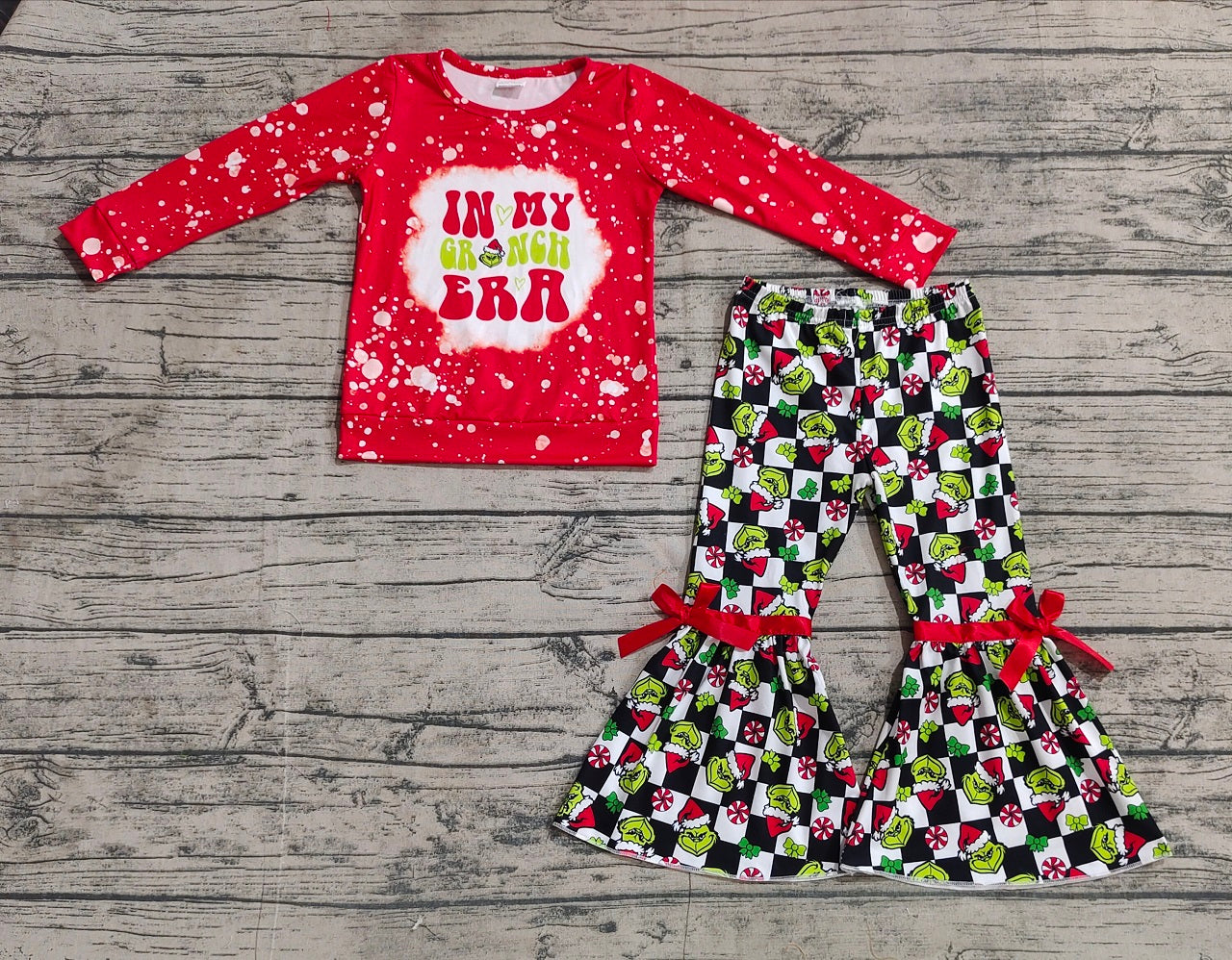 Baby Girl Christmas Red Shirt Green Face Checkered Bell Pants Clothes Set